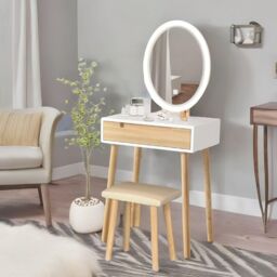 FURNOS Vanity Dressing Table With Mirror & Cushioned Stool in White - thumbnail 4