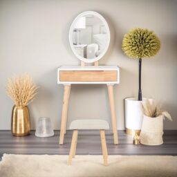 FURNOS Vanity Dressing Table With Mirror & Cushioned Stool in White - thumbnail 3