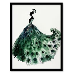 Artery8 Glamorous Peacock Fashion Dress Silhouette Framed Wall Art in Green - Size: A4 - thumbnail 1