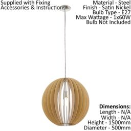 Loops Pendant Ceiling Light Colour Satin Nickel Shade Maple Wood Medium Bulb E27 1x60W in Metallics - thumbnail 2