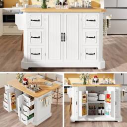 BTM Mobile Kitchen Island Cart with 2 Doors & 6 Drawers, White/Black in White - thumbnail 2