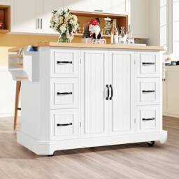 BTM Mobile Kitchen Island Cart with 2 Doors & 6 Drawers, White/Black in White - thumbnail 6