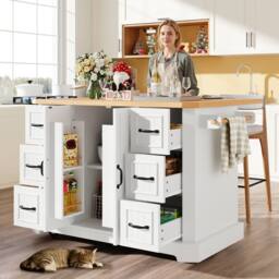 BTM Mobile Kitchen Island Cart with 2 Doors & 6 Drawers, White/Black in White - thumbnail 1