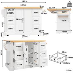BTM Mobile Kitchen Island Cart with 2 Doors & 6 Drawers, White/Black in White - thumbnail 9