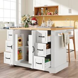 BTM Mobile Kitchen Island Cart with 2 Doors & 6 Drawers, White/Black in White - thumbnail 7