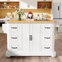 BTM Mobile Kitchen Island Cart with 2 Doors & 6 Drawers, White/Black in White - thumbnail 3
