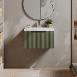 Balterley Fluted Wall Hung 1 Drawer Vanity Basin Unit & Basin 600mm, Satin Green - thumbnail 2