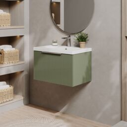 Balterley Fluted Wall Hung 1 Drawer Vanity Basin Unit & Basin 600mm, Satin Green - thumbnail 4