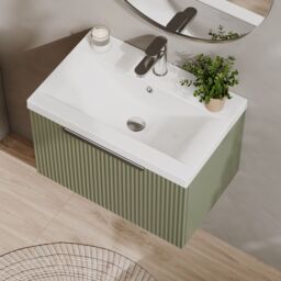 Balterley Fluted Wall Hung 1 Drawer Vanity Basin Unit & Basin 600mm, Satin Green - thumbnail 3