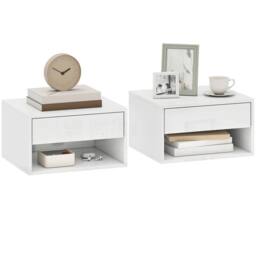 HOMCOM Floating Nightstands Set of 2, Bedside Table w/ Drawer & Open Shelf in White - thumbnail 2
