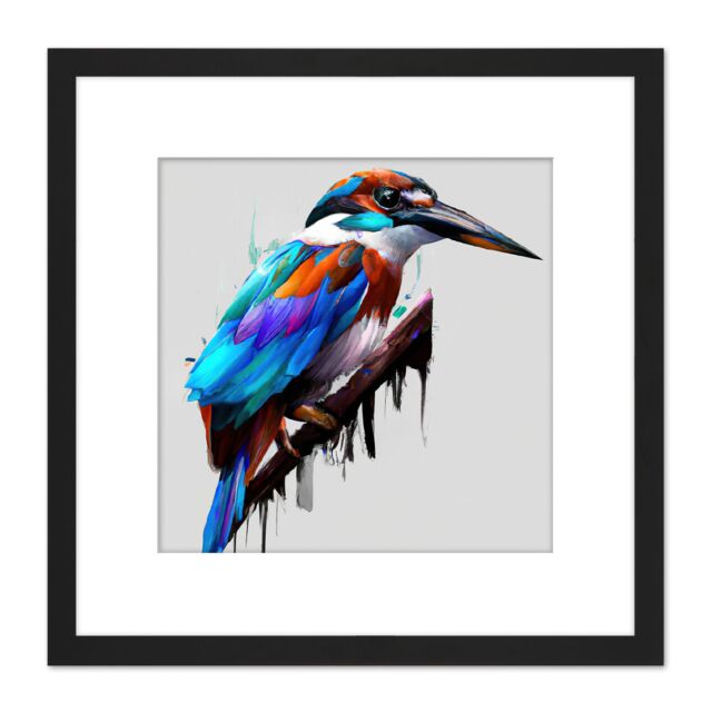 Artery8 Kingfisher Bird & Branch Portrait Blue Purple Orange Acrylic Paint on White Square Wooden Framed Wall Art Print Picture 8X8 Inch in Black - image 1