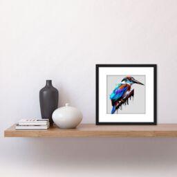 Artery8 Kingfisher Bird & Branch Portrait Blue Purple Orange Acrylic Paint on White Square Wooden Framed Wall Art Print Picture 8X8 Inch in Black - thumbnail 2
