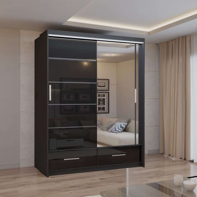 Sliding Wardrobes 4U Modern High Gloss Sliding Wardrobe with LED Light 150cm x 220cm in Black - Size: 150 cm x 220 cm - image 1
