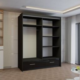 Sliding Wardrobes 4U Modern High Gloss Sliding Wardrobe with LED Light 150cm x 220cm in Black - Size: 150 cm x 220 cm - thumbnail 2