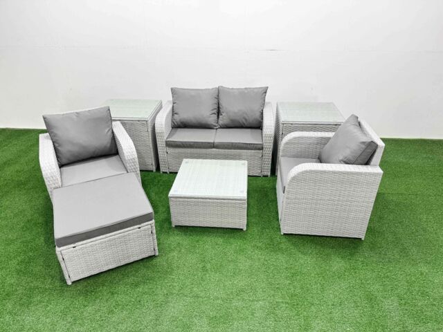 Fimous Light Grey PE Wicker Rattan Garden Furniture Set Sofa Set Reclining Adjustable Chair Square Coffee Table 5 Seater With Footstool 2 Side Table - image 1