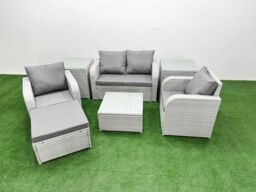 Fimous Light Grey PE Wicker Rattan Garden Furniture Set Sofa Set Reclining Adjustable Chair Square Coffee Table 5 Seater With Footstool 2 Side Table - thumbnail 2