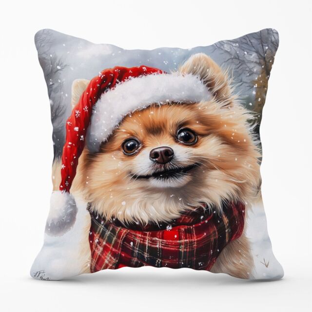 Warren Reed - Designer Snowy Christmas Pomeranian Cushion in Brown - Size: 60 cm x 60 cm - image 1