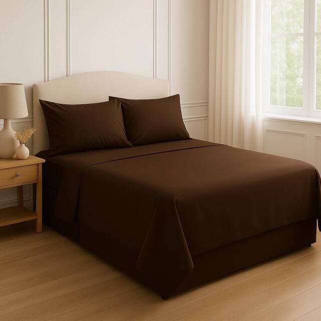 Homes-Linen 180 Thread Count Rich Percale Flat Sheet Polycotton Blend in Chocolate - Size: Single - image 1