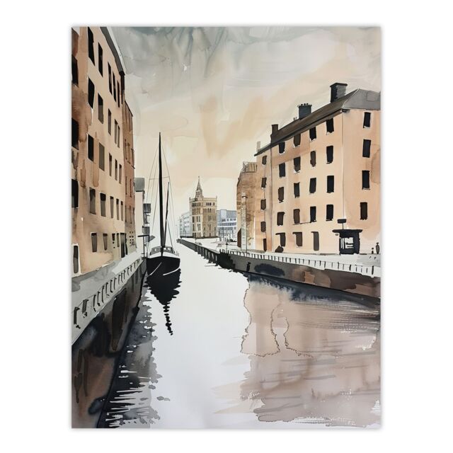 "Artery8 Sailboat Sailing in Quiet Canal Watercolour Wall Art Print in Grey - Size: W24"" x H32""" - image 1