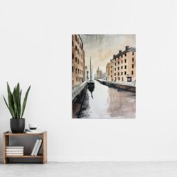 "Artery8 Sailboat Sailing in Quiet Canal Watercolour Wall Art Print in Grey - Size: W24"" x H32""" - thumbnail 4