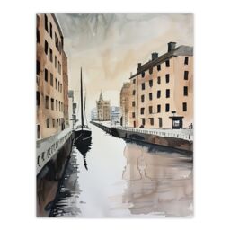 "Artery8 Sailboat Sailing in Quiet Canal Watercolour Wall Art Print in Grey - Size: W24"" x H32""" - thumbnail 1