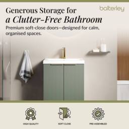 Balterley Satin Green Fluted Floor Standing Vanity, Brushed Brass, 500mm - thumbnail 3