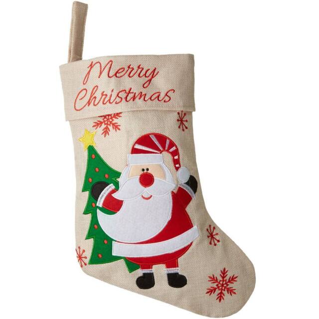 tectake Christmas Stocking - With Santa Claus Graphic, Hanging Loop & Large Capacity in Beige