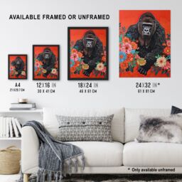 Artery8 Gorilla in Bright Flowers Painting Red Animal Framed Art Print - Size: A4 - thumbnail 3