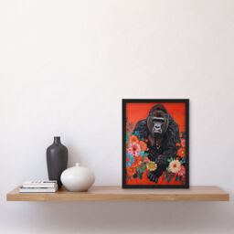 Artery8 Gorilla in Bright Flowers Painting Red Animal Framed Art Print - Size: A4 - thumbnail 4