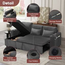 BTM Grey 3-in-1 L-Shaped Corduroy Sofa Bed with Storage & Charging - Size: A - thumbnail 8
