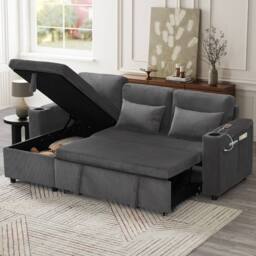 BTM Grey 3-in-1 L-Shaped Corduroy Sofa Bed with Storage & Charging - Size: A - thumbnail 1