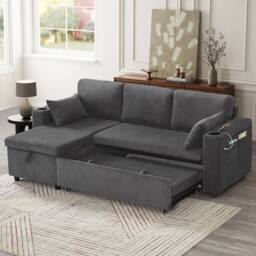 BTM Grey 3-in-1 L-Shaped Corduroy Sofa Bed with Storage & Charging - Size: A - thumbnail 2