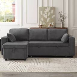 BTM Grey 3-in-1 L-Shaped Corduroy Sofa Bed with Storage & Charging - Size: A - thumbnail 3