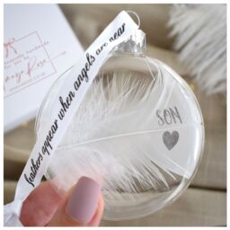 Amaya Rose Ltd In Memory of Son Feather Round Bauble Gift Boxed.Memorial Décor in Clear - thumbnail 2
