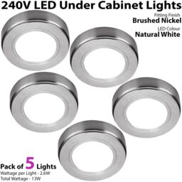 Loops 5x BRUSHED NICKEL Round Surface or Flush Under Cabinet Kitchen Light Kit - 240V Mains Powered - Natural White LED in Metallics - thumbnail 2