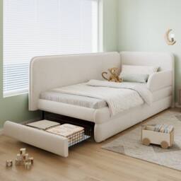 Merax 3ft Single Velvet Upholstered Daybed Sofa Bed with Guardrails & Drawer in Beige - thumbnail 3