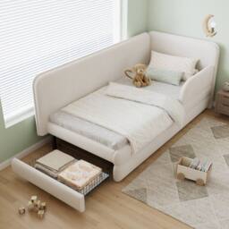 Merax 3ft Single Velvet Upholstered Daybed Sofa Bed with Guardrails & Drawer in Beige