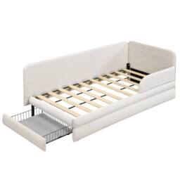 Merax 3ft Single Velvet Upholstered Daybed Sofa Bed with Guardrails & Drawer in Beige - thumbnail 7