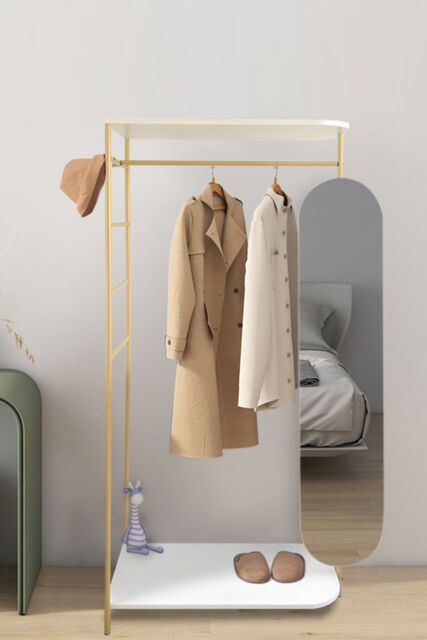 Living and Home Modern Metal Indoor Bedroom Clothes Rail with Mirror in Gold - image 1