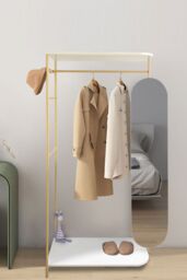 Living and Home Modern Metal Indoor Bedroom Clothes Rail with Mirror in Gold - thumbnail 1