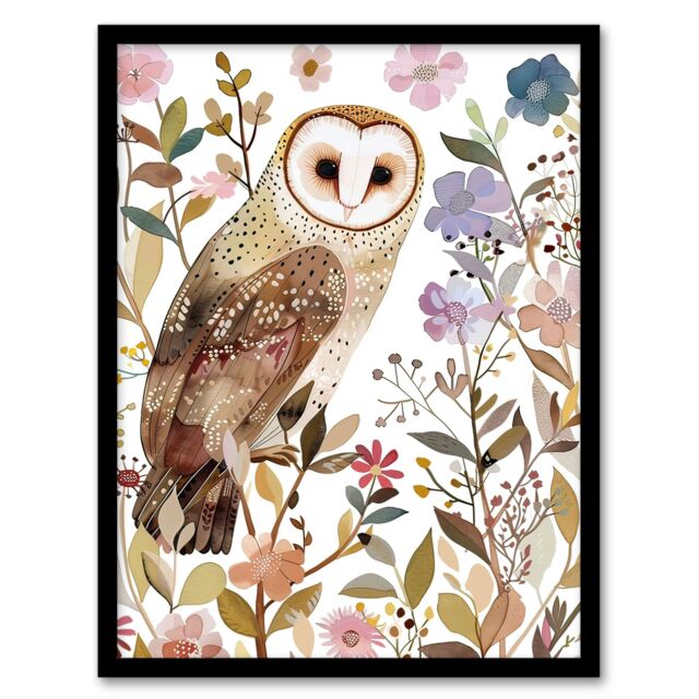 Artery8 Barn Owl Bird with Wildflowers Floral Watercolour Framed Wall Art - Size: A4 - image 1