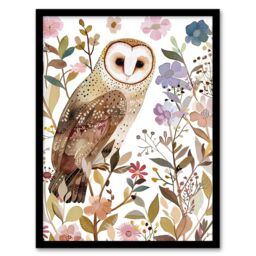 Artery8 Barn Owl Bird with Wildflowers Floral Watercolour Framed Wall Art - Size: A4 - thumbnail 1