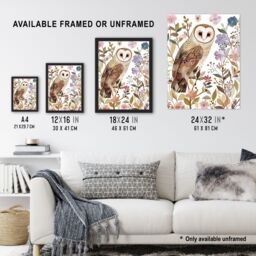Artery8 Barn Owl Bird with Wildflowers Floral Watercolour Framed Wall Art - Size: A4 - thumbnail 3