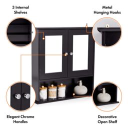VonHaus 2 Door Bathroom Wall Mirror Cabinet in Black - thumbnail 9