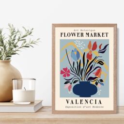 ARTZE Valencia Blue & Pink Flower Market Exhibition Framed Print SIZE: A3 with Oak Frame in Mid Blue - Size: A4 - thumbnail 2