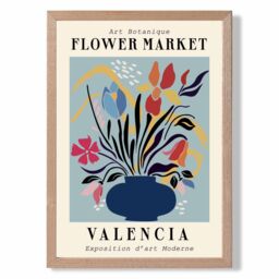 ARTZE Valencia Blue & Pink Flower Market Exhibition Framed Print SIZE: A3 with Oak Frame in Mid Blue - Size: A4