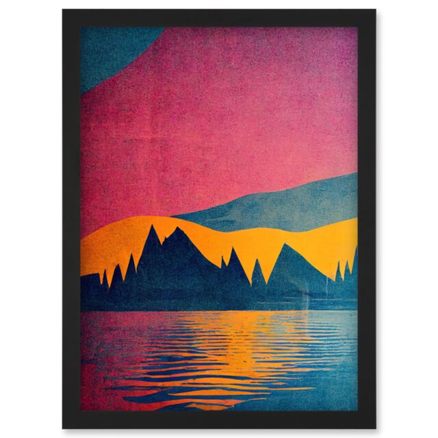 Artery8 Sunset at Lakeside Modern Colourful Pop Art Design Artwork Framed Wall Art Print A4 in Black - image 1