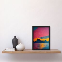 Artery8 Sunset at Lakeside Modern Colourful Pop Art Design Artwork Framed Wall Art Print A4 in Black - thumbnail 2