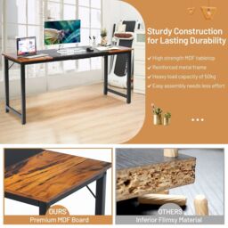 Costway Wooden Computer Desk Metal Frame Industrial Writing Workstation PC Laptop Table - thumbnail 5