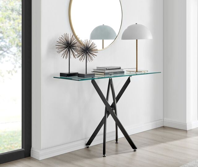 FurnitureboxUK Leonardo Rectangular Glass Console Table with Metal Angled Starburst Legs for Modern Living Room in Black - image 1